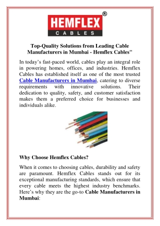 Top-Quality Solutions from Leading Cable Manufacturers in Mumbai