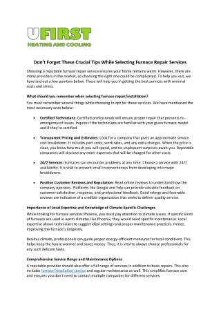 Don’t Forget These Crucial Tips While Selecting Furnace Repair Services