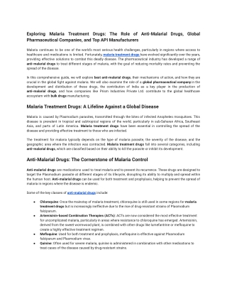 Exploring Malaria Treatment Drugs: The Role of Anti-Malarial Drugs, Global Pharm