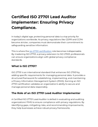 Certified ISO 27701 Lead Auditor implementer: Ensuring Privacy Compliance
