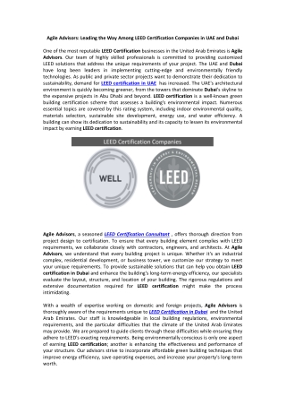 Agile Advisors: Leading the Way Among LEED Certification Companies in UAE
