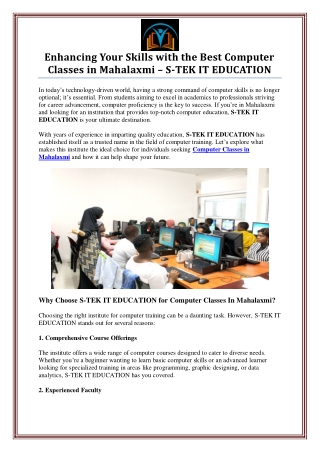 Computer Classes in Mahalaxmi by S-TEK IT EDUCATION