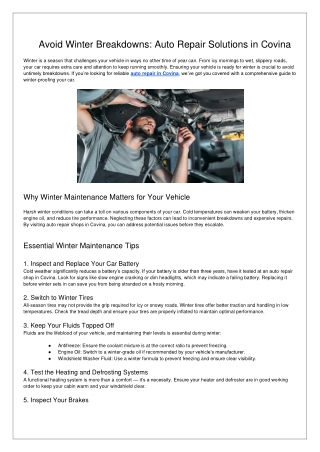 Avoid Winter Breakdowns - Auto Repair Solutions in Covina