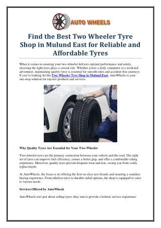 Reliable Two Wheeler Tyre Shop in Mulund East – Wide Range & Affordable Prices