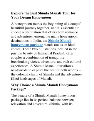 Shimla Manali Tour Package