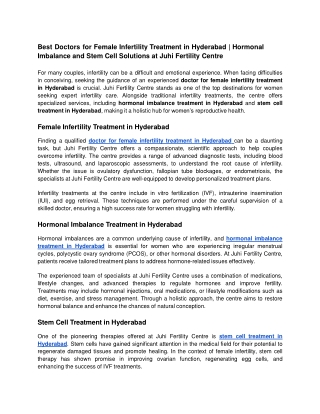 Best Doctors for Female Infertility Treatment in Hyderabad Hormonal Imbalance and Stem Cell Solutions at Juhi Fertility