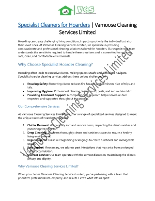 Specialist Cleaners for Hoarders at Vamoose Cleaning Services Limited