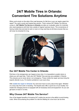 247 Mobile Tires in Orlando: Convenient Tire Solutions Anytime