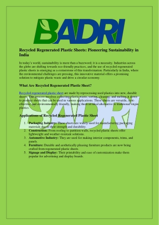 Recycled Regenerated Plastic Sheets Badri Groups