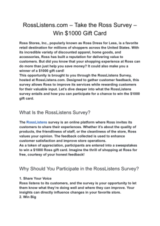 RossListens.com – Take Ross Survey – Win $1000 Gift