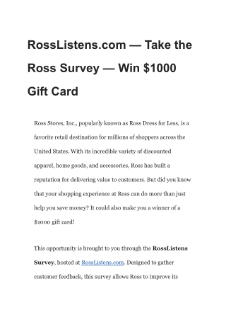 RossListens.com – Take Ross Survey – Win $1000 Gift