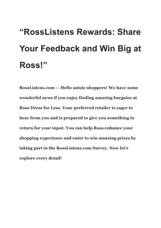 RossListens.com – Take Ross Survey – Win $1000 Gift