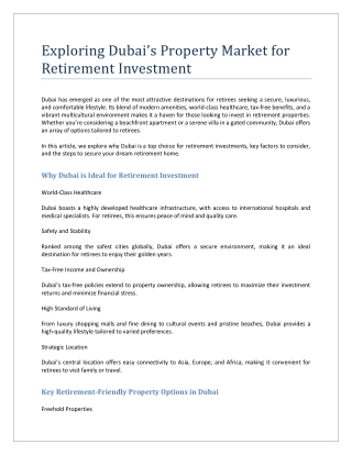Exploring Dubai’s Property Market for Retirement Investment