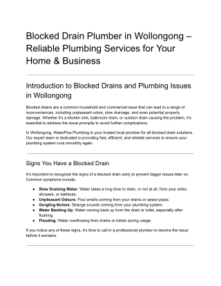 Blocked Drain Plumber in Wollongong: Expert Solutions from WaterPlus Plumbing