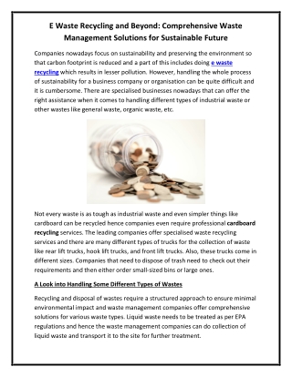 E Waste Recycling and Beyond Comprehensive Waste Management Solutions for Sustainable Future