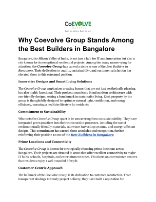 Why Coevolve Group Stands Among the Best Builders in Bangalore