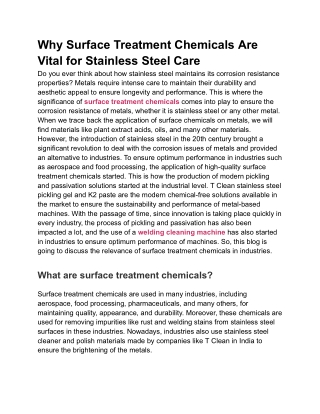 Top Reasons to Use Surface Treatment Chemicals in Industries