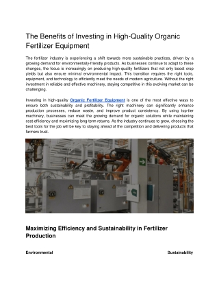 The Benefits of Investing in High-Quality Organic Fertilizer Equipment