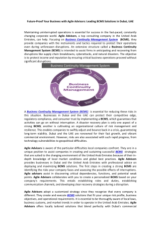 Future-Proof Your Business with Agile Advisors: Leading BCMS Solutions in Dubai,