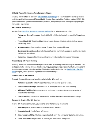 Sri Balaji Travels NRI Darshan from Bangalore Airport