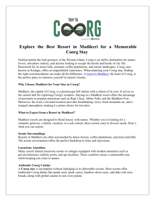 Explore the Best Resort in Madikeri for a Memorable Coorg Stay