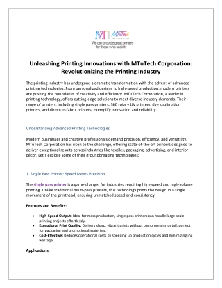 Unleashing Printing Innovations with MTuTech Corporation Revolutionizing the Printing Industry