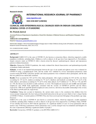 IRJP-FEB 23-PEDIATRIC2-ARIF-Clinical and Epidemiological profile in Indian child subjects during COVID.edited