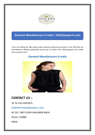Garment Manufacturers In India 16thjulyexports