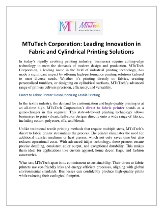 MTuTech Corporation Leading Innovation in Fabric and Cylindrical Printing Solutions