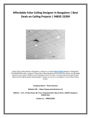 Affordable False Ceiling Designer in Bangalore  Best Deals on Ceiling Projects - 94835 23209