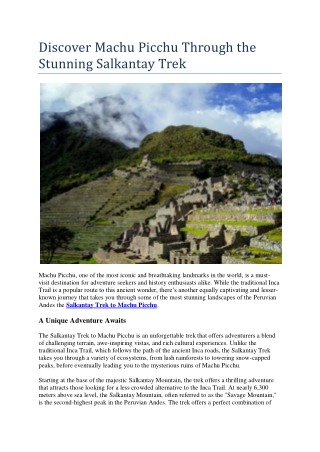 Discover Machu Picchu Through the Stunning Salkantay Trek