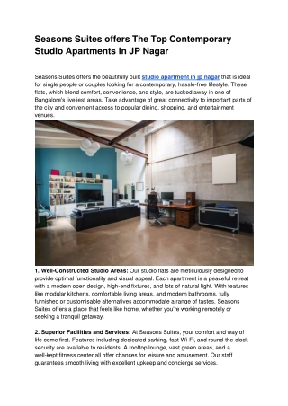 Seasons Suites offers The Top Contemporary Studio Apartments in JP Nagar (1)