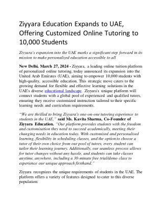 Ziyyara Education Expands to UAE, Offering Customized Online Tutoring to 10,000
