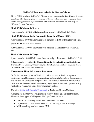 Sickle cell Anemia treatment in India for African Children