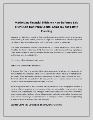 Maximizing Financial Efficiency How Deferred Sale Trusts Can Transform Capital Gains Tax and Estate Planning