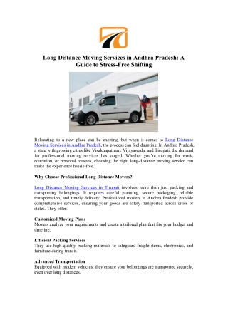 Book Long Distance Moving Services in Andhra Pradesh - Shifting.com