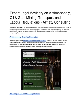 Expert Legal Advisory on Antimonopoly, Oil & Gas, Mining, Transport, and Labour Regulations - Almaty Consulting
