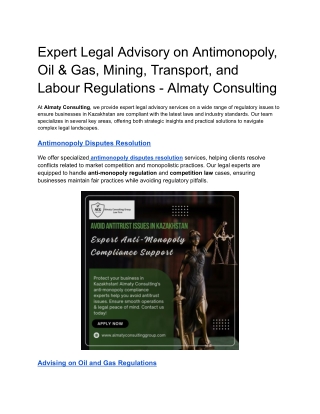 Expert Legal Advisory on Antimonopoly, Oil & Gas, Mining, Transport, and Labour Regulations - Almaty Consulting