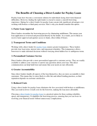 The Benefits of Choosing a Direct Lender for Payday Loans
