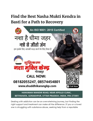 Find the Best Nasha Mukti Kendra in Basti for a Path to Recovery