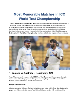 Most Memorable Matches in ICC World Test Championship