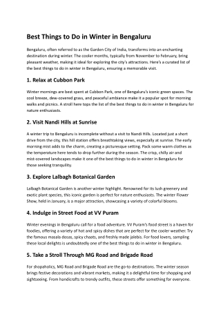 Best Things to Do in Winter in Bengaluru: A Seasonal Guide