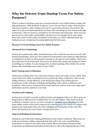 Why Do Drivers Trust Dunlop Tyres For Safety Purpose