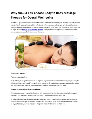 Why should You Choose Body to Body Massage Therapy for Overall Well-being
