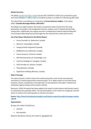 Cannabis Beverages Market Trends, Competitive Landscape, Future Outlook, 2032