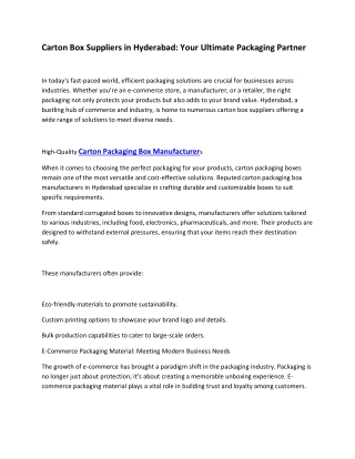 Carton Box Suppliers in Hyderabad: Your Ultimate Packaging Partner