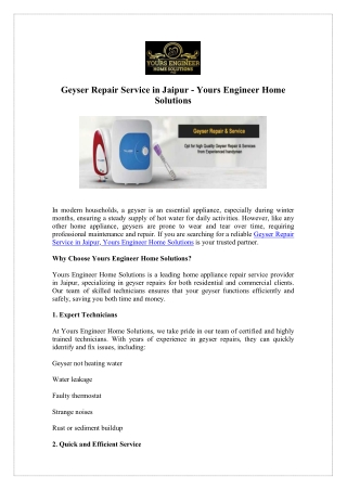 Reliable Geyser Repair Service in Jaipur - Yours Engineer Home Solutions