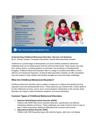 Childhood Behavioral Disorders: Services & Solutions at Sharda Neuropsychiatry H