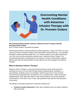 Ketamine Infusion Therapy for Mental Health at Sharda Neuropsychiatry Hospital