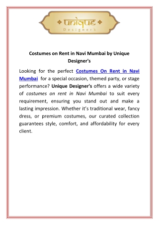 Costumes on Rent in Navi Mumbai by Unique Designer's